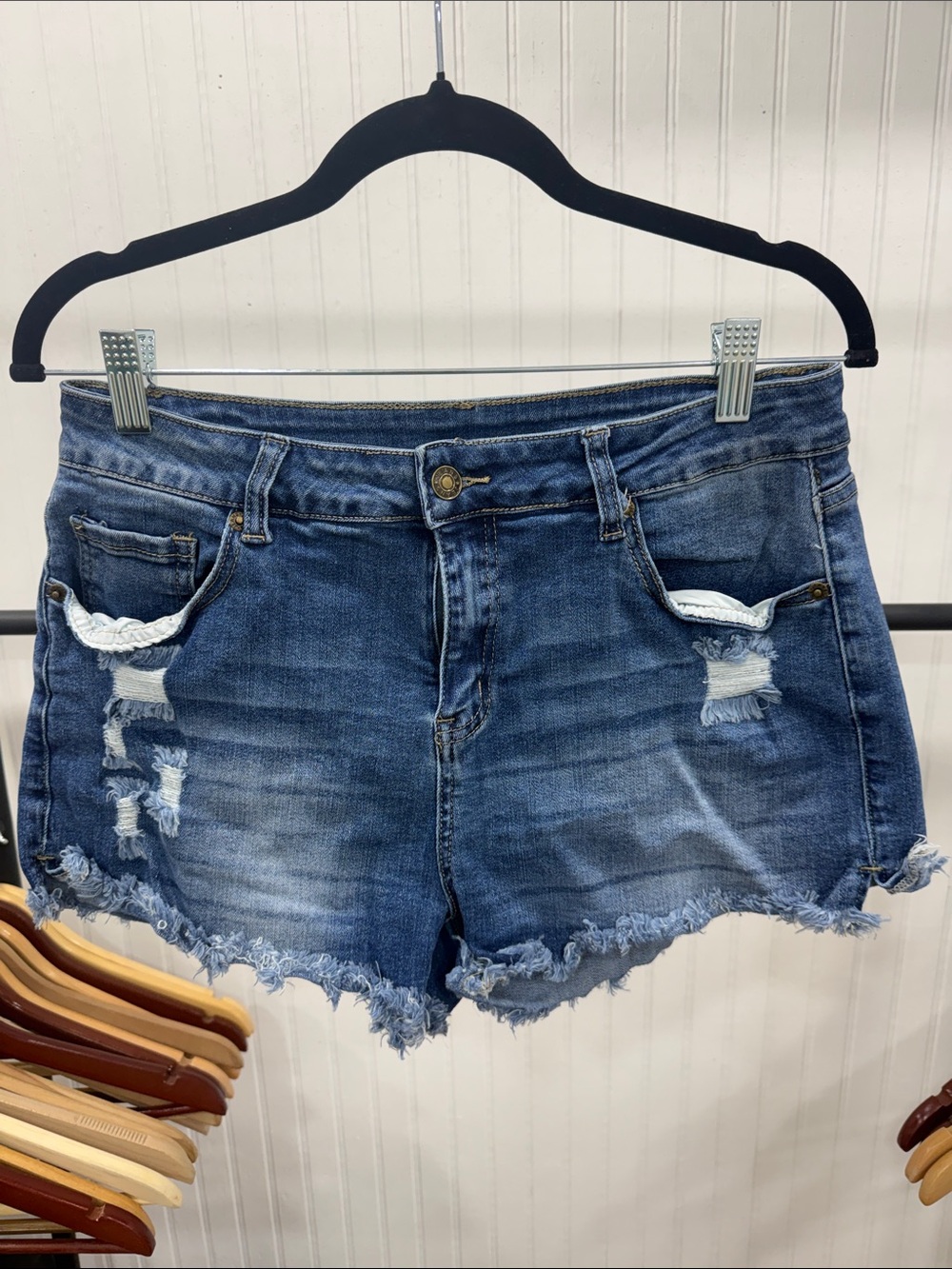 Frayed Hem Distressed Blue Denim Shorts